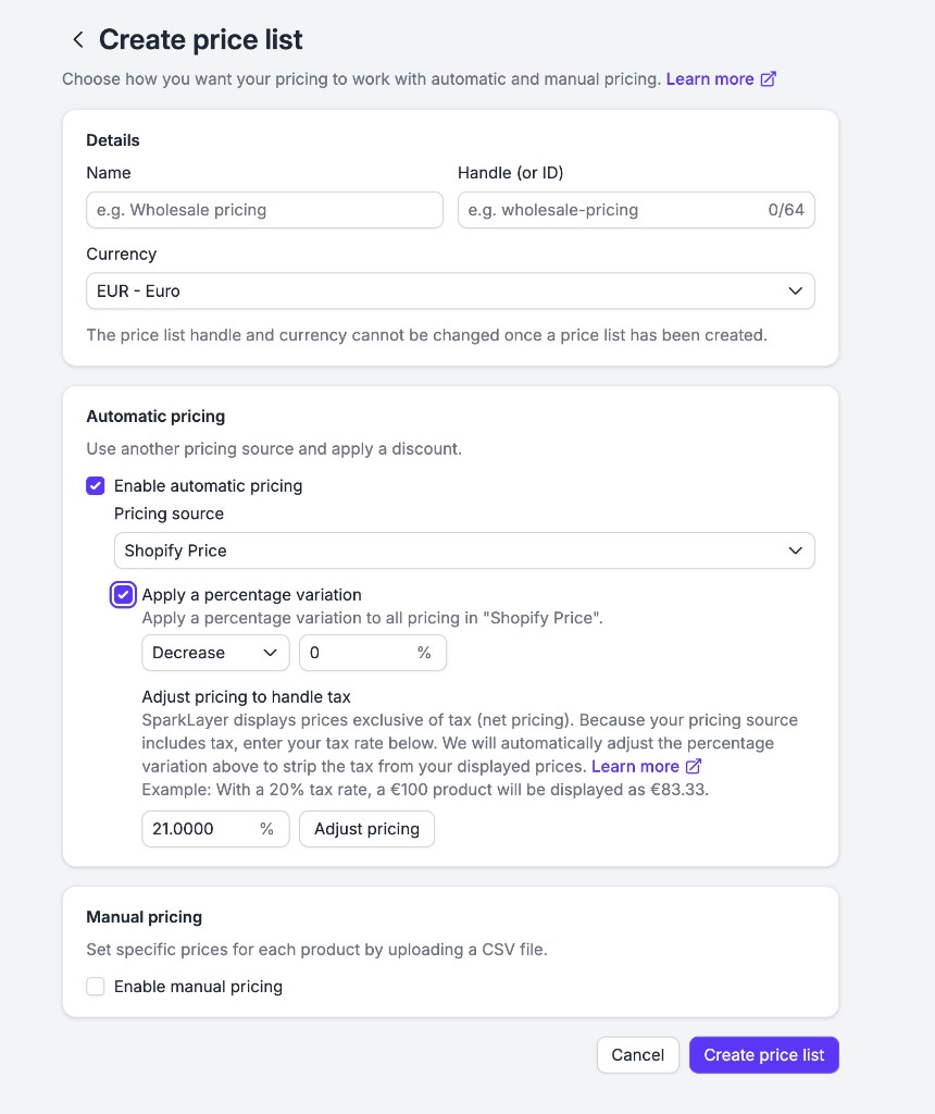 SparkLayer prijslijst aanmaken: automatische en handmatige pricing